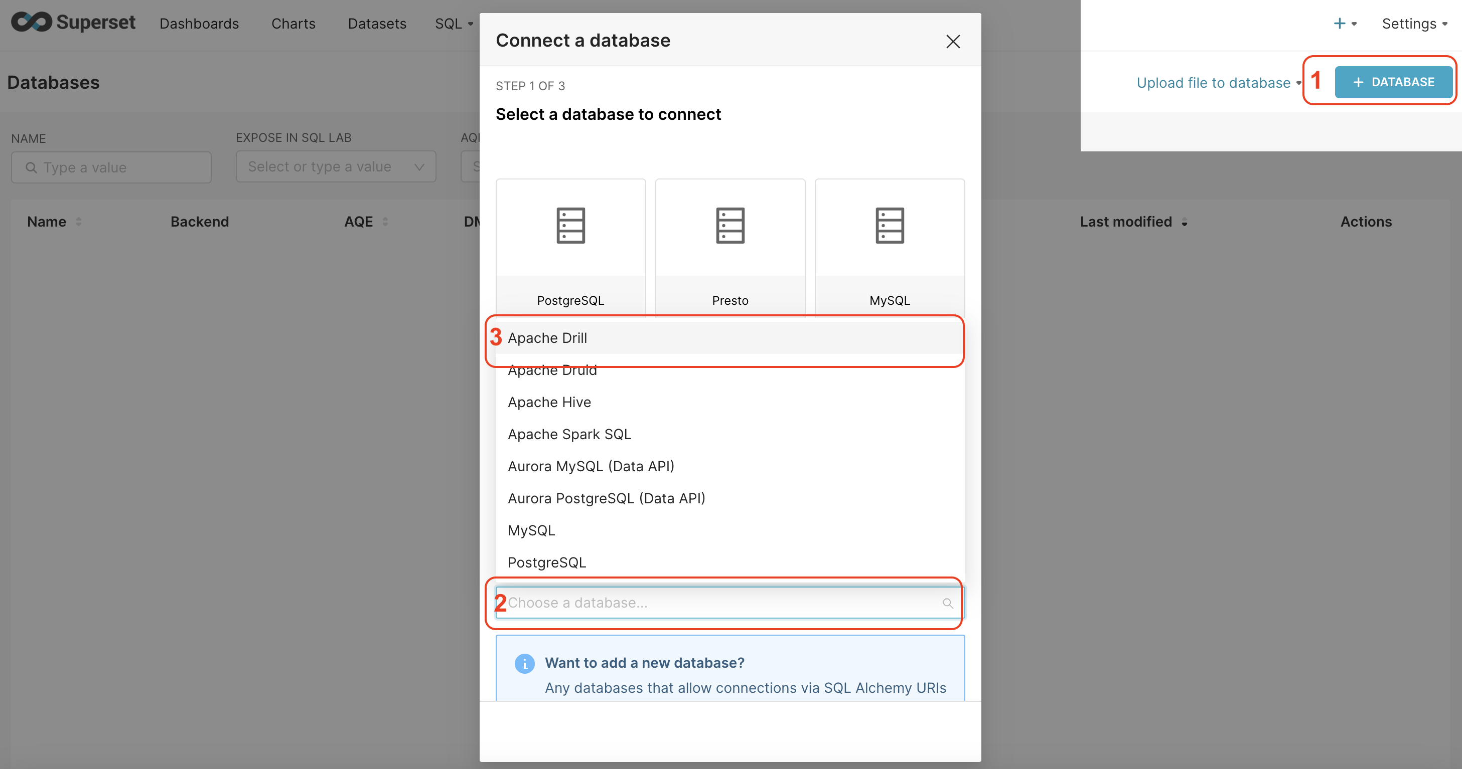 Database > Select apache drill